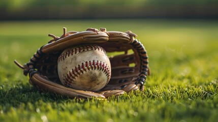 Baseball resting on a mitt against a field green background the calm before the game with ample copyspace