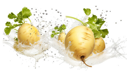 Rutabaga  sliced pieces flying in the air with water splash isolated on transparent png.
