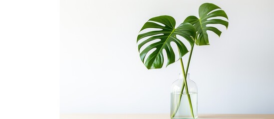 A Monstera tropical plant is showcased in a glass vase on a white table, embodying modern aesthetics and minimal interior design. The fresh green leaves stand out against the clean backdrop,