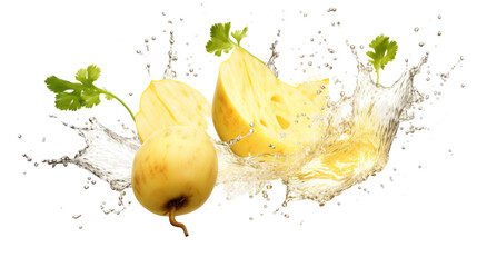 Rutabaga  sliced pieces flying in the air with water splash isolated on transparent png.
