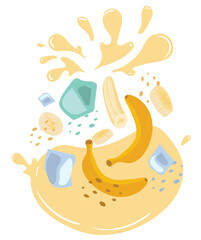Ripe banana and ice cubes with splashes of juice. Vector illustration of organic fruit juice. Eco label concept for natural banana flavor with ice. Design of vape, juice, smoothie.