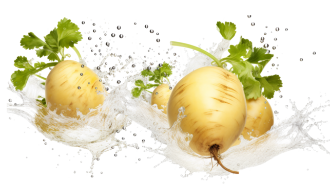 Rutabaga  sliced pieces flying in the air with water splash isolated on transparent png.
