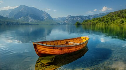 Boat Floating on Lake Surrounded by Mountains
