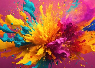 Explosion of colored powder on a pink background. Abstract dust closeup on background. Colorful explosion. Holi paint
