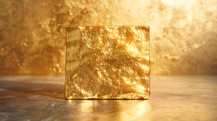A golden cube is placed on a concrete floor, with a spotlight shining on it.