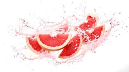 Pummelo sliced pieces flying in the air with water splash isolated on transparent png.

