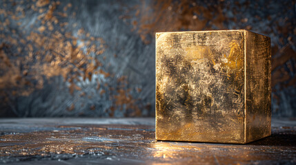 A golden cube is placed on a concrete floor, with a spotlight shining on it.