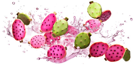 Prickly pear sliced pieces flying in the air with water splash isolated on transparent png.
