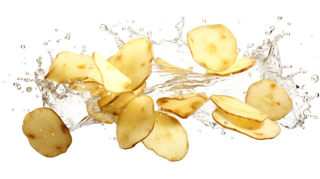 Potato sliced pieces flying in the air with water splash isolated on transparent png.
