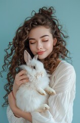 Mixed Race Woman Holding White Rabbit on Light Blue Background