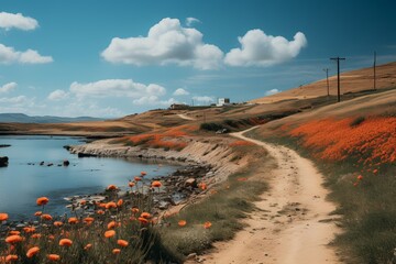Picturesque seaside fishermans house with pathway through blooming poppies field
