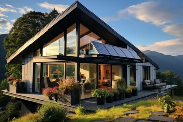 Modern suburban house with solar panels and photovoltaic system on gable roof and landscaped yard