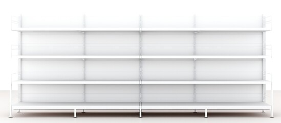 A white shelf with multiple levels on each side, creating a symmetrical and organized display for supermarket floor showcases.
