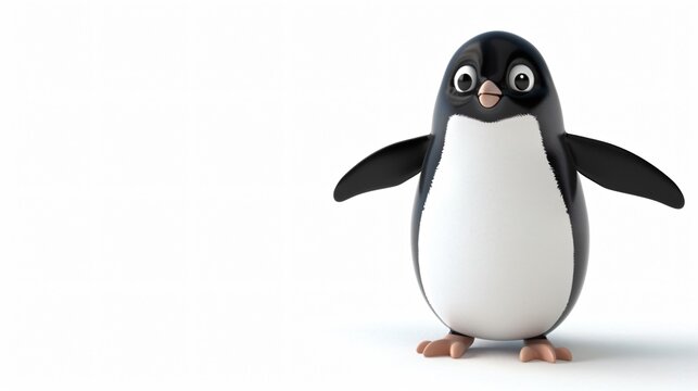 Chibi style 3D penguin flippers outstretched in greeting on a white background adorable and friendly with ample copyspace