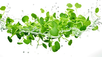 Pea shoots sliced pieces flying in the air with water splash isolated on transparent png.