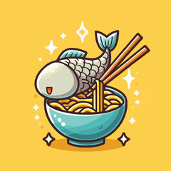 Ramen noodle fish with chopstick cartoon vector icon illustration food object icon concept isolated yellow background