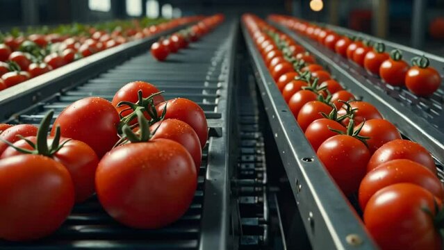 conveyor line with fresh tomatoes processing

