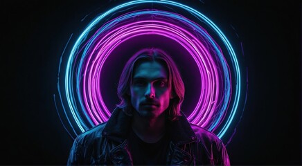 abstract background with glowing lines with man on dark