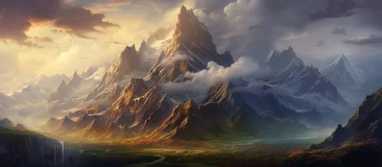 Fotobehang A natural landscape painting featuring a mountain range under a cloudy sky with cumulus clouds. The atmosphere is filled with wind and the horizon is obscured by the meteorological phenomenon © 2rogan