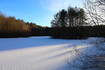 Frozen lake covered with snow in the forest in Scotland, UK