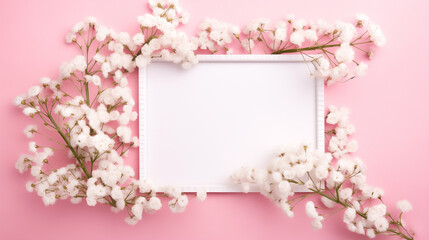 Obraz premium Mother's day holiday greeting design with carnation bouquet on pastel pink table background, design concept. Spring flowers on pink with copy space for message. Greeting card for Valentine's Day