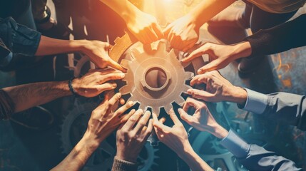 Settings, gear icon and teamwork with business people or team together for collaboration and synergy with cog wheel strategy. Office group hands for problem solving, innovation and development - 754924467