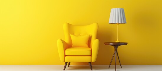 A vibrant yellow armchair is positioned next to a table supporting a sleek lamp, creating a cozy reading corner in a modern interior setting. - obrazy, fototapety, plakaty