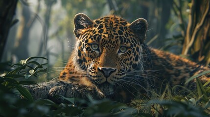 Majestic Leopard in Lush Forest, stunning portrait of an Amur leopard lounging amidst vibrant foliage, its piercing gaze captivating the viewer - obrazy, fototapety, plakaty