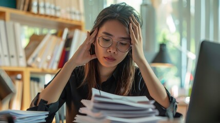 stressed, mad, migraine, Young confident Asian business woman office worker people working with stacks of papers, unfinished documents of bookkeeping