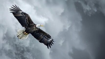 Obraz premium Eagle soaring against a stormy gray background a symbol of power and freedom with expansive copyspace