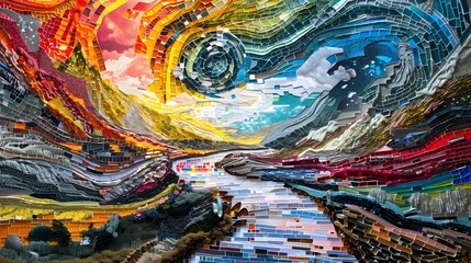 Vibrant Mosaic Landscape with Rivers and Swirling Sky - A Journey Through Time