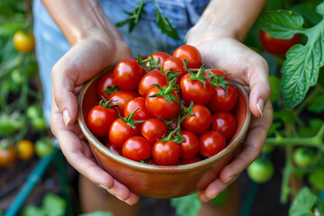a person is holding a bowl of tomatoes in their hands