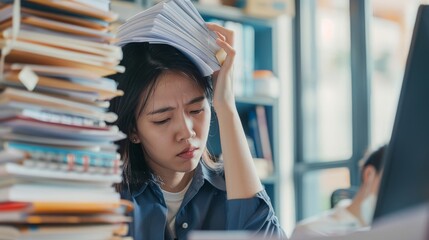 stressed, mad, migraine, Young confident Asian business woman office worker people working with stacks of papers, unfinished documents of bookkeeping