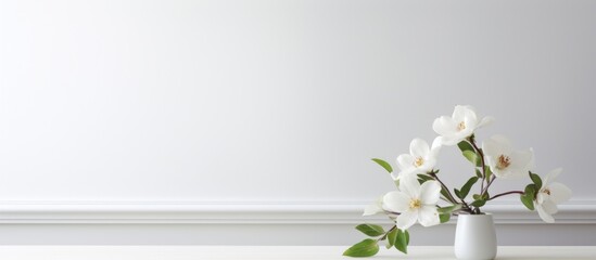 A white vase brimming with white flowers sits atop a table against a white background. The elegant display adds a touch of freshness and beauty to the room.