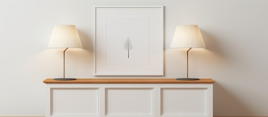 A white cabinet with two lamps placed on top of it, illuminated and ready to provide light in the room.