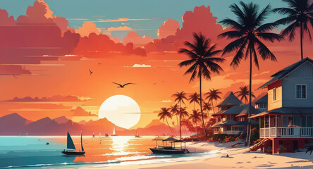 Sea sunset over ocean palms: Landscape with a colorful bright sunset. Illustration.