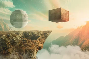 Keuken spatwand met foto Two cubes float in the sky above a mountain in a surreal landscape where gravity is reversed. Generative AI © Azhorov
