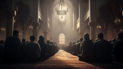 Muslim, praying and men with child in Mosque for spiritual religion together as family to worship Allah in Ramadan. Islamic, Arabic and holy people with peace or respect for gratitude, trust and hope - obrazy, fototapety, plakaty