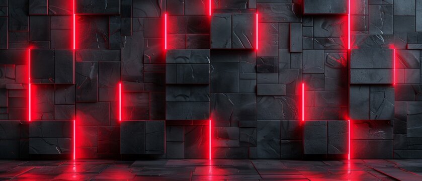 Black cubes on a black background, with red light, top view. Abstract background with cubes.