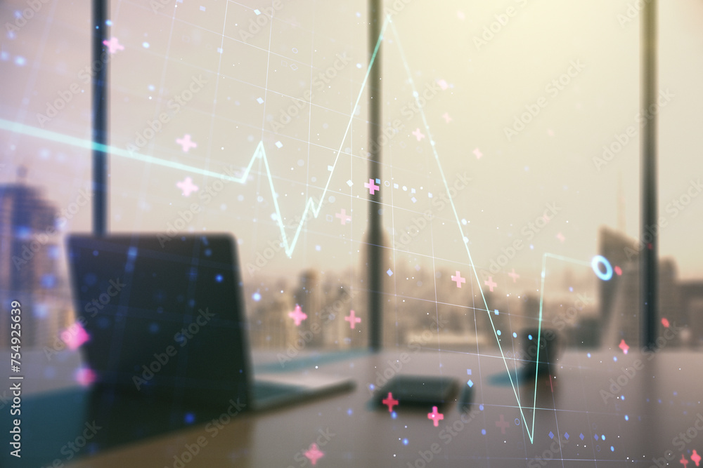 Poster creative abstract heart rate sketch and modern desk with computer on background, medicine and health