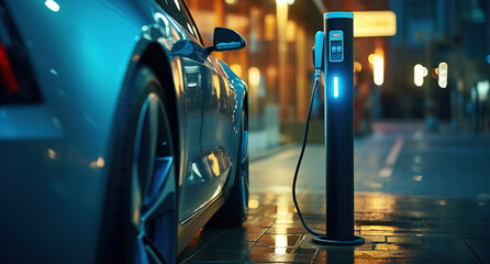 Electric car plugged into charging station on illuminated city street.
