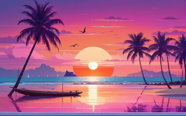Fototapeta na wymiar Sea Pinc Sunset over Ocean Palms: Lovers Landscape. Illustration.