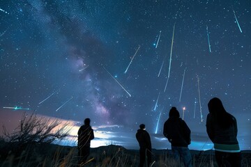A group of people gathered together, looking up at the stars in the night sky with wonder and amazement. Generative AI