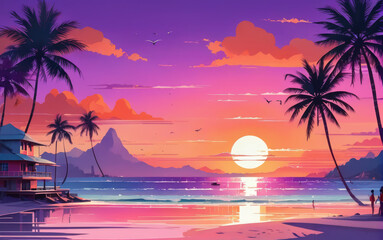 Obraz premium Sea Pinc Sunset over Ocean Palms: Lovers Landscape. Illustration.