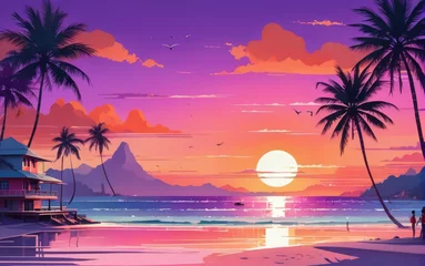 Muurstickers Sea Pinc Sunset over Ocean Palms: Lovers Landscape. Illustration. © Kenall