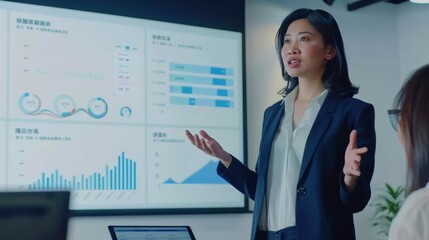 Young Asian businesswoman presenting data analysis dashboard on TV screen in modern meeting. Business presentation with group of business people in conference room. Concord