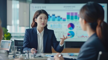 Young Asian businesswoman presenting data analysis dashboard on TV screen in modern meeting. Business presentation with group of business people in conference room. Concord