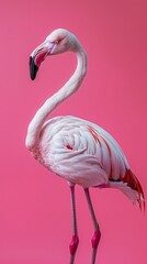 Fototapeta premium Flamingo standing one legged on a hot pink background a pop of tropical color with generous copyspace