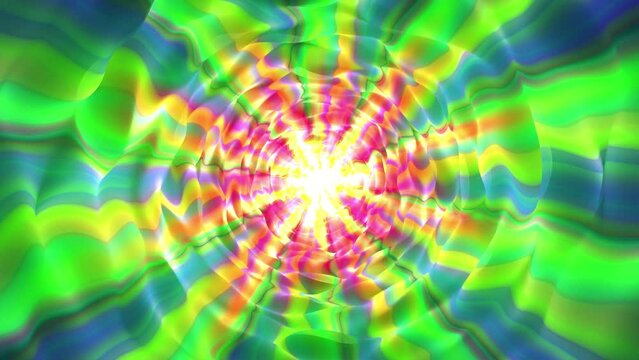 Loopable colorful background with wavy psychedelic tunnel spreading around. Abstract tie dye and hippie style screensaver for art and music festivals, visual performances and visualisations. 4k, 60fps
