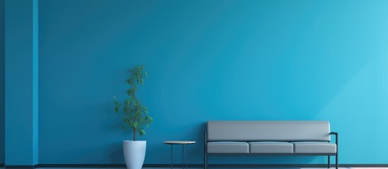 A blue room furnished with a comfortable couch and a table, creating a cozy and inviting atmosphere. The rooms walls are painted in a soothing shade of blue.